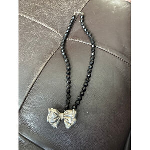 Vintage Beau Jewels Rhinestone Bow Necklace Black Faceted Beads